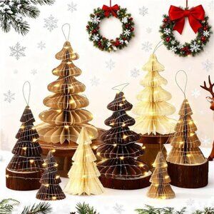 8 Pcs Neutral Paper Christmas Trees Honeycomb Centerpiece LED Lighted